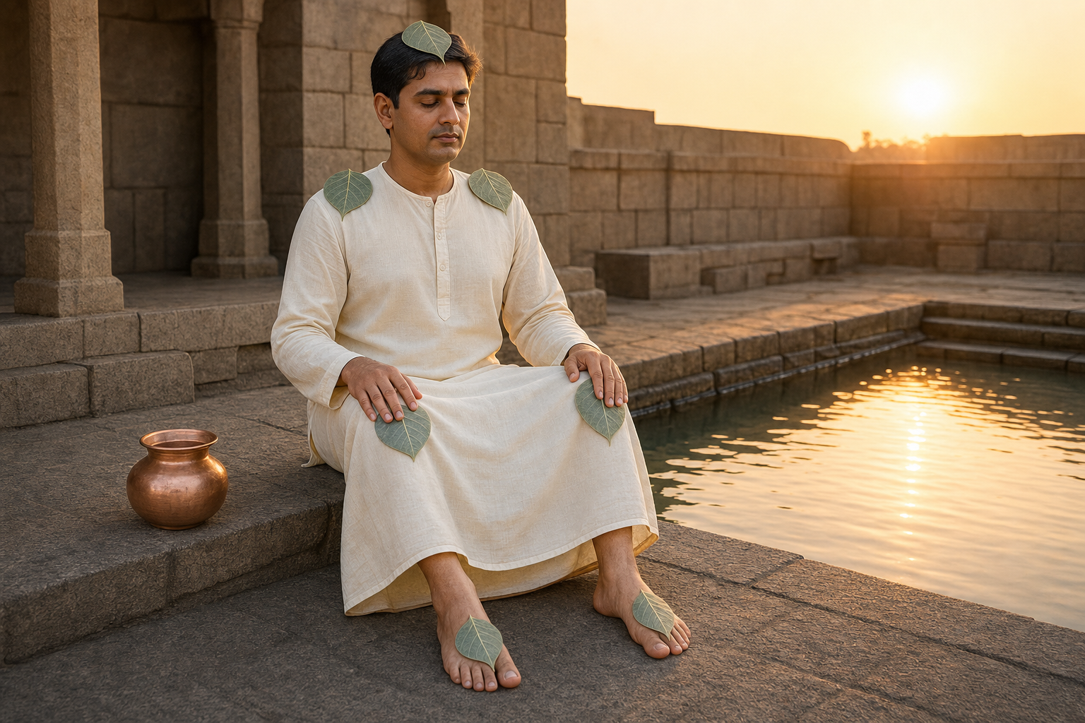 A seated devotee with one erukkai leaf on the head and one on each shoulder, knee, and foot beside a copper water pot.