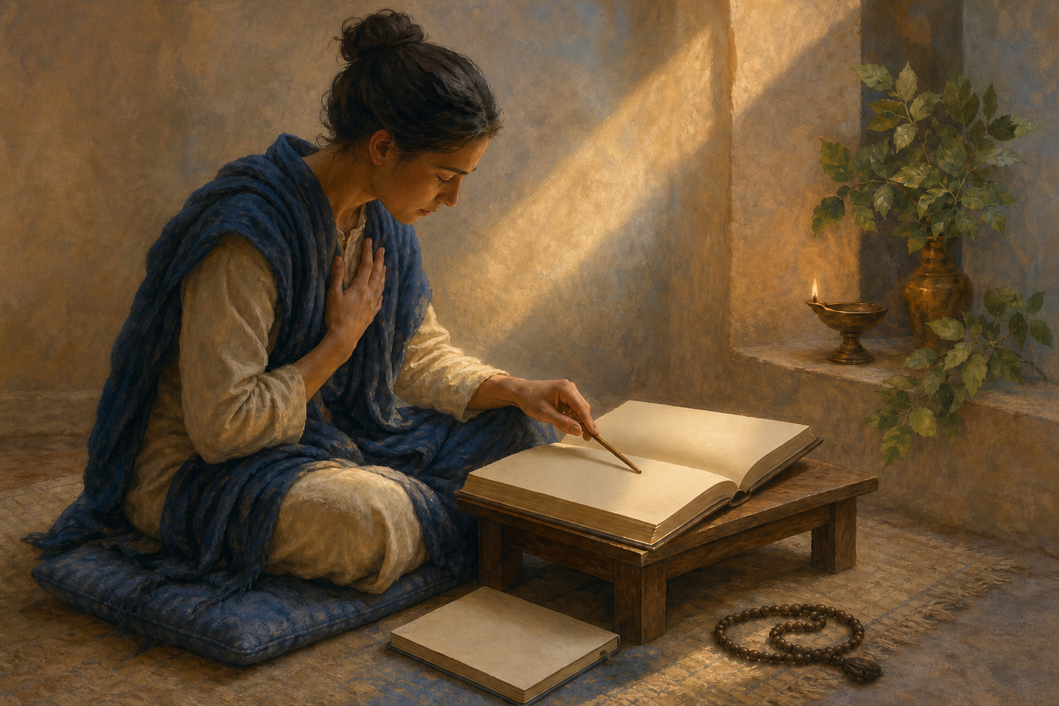 A seated practitioner listens attentively while using a wooden pointer to follow a place in an open sacred book.