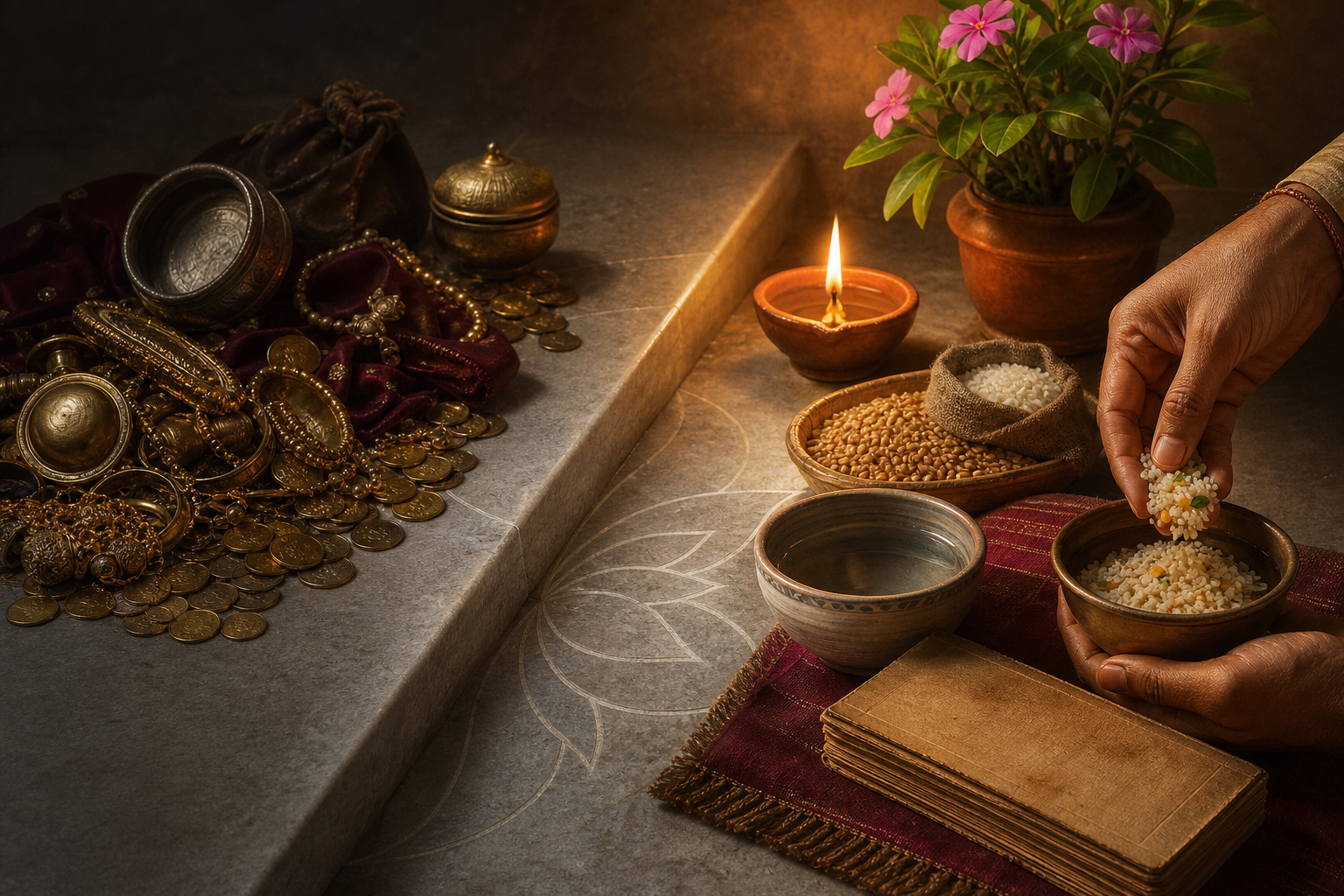 An unstable pile of wealth contrasts with a balanced arrangement of a lamp, grain, water, a manuscript, a plant and an act of sharing food.