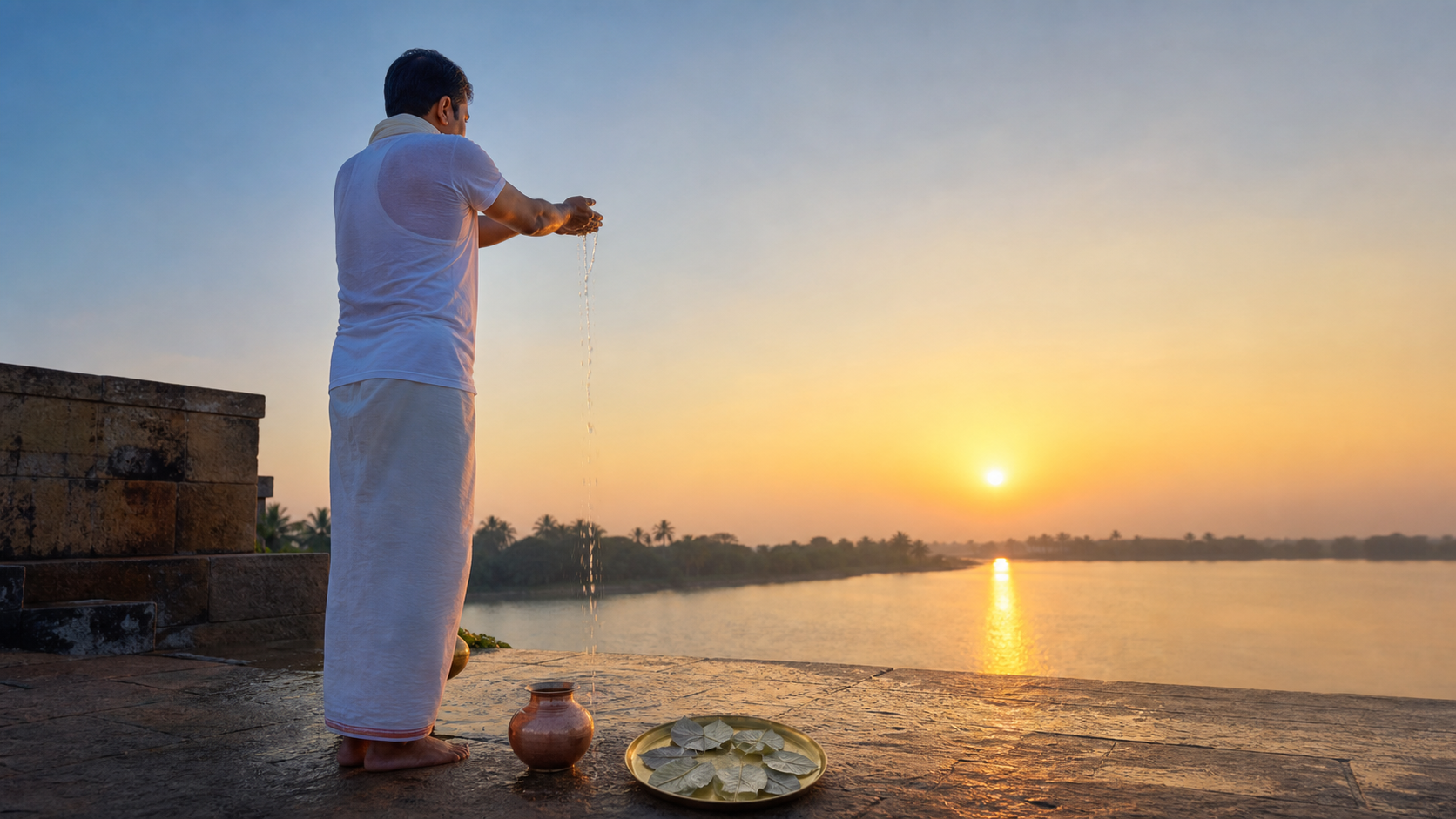A devotee offers water toward the rising sun while a copper vessel and seven erukkai leaves rest on a nearby tray.
