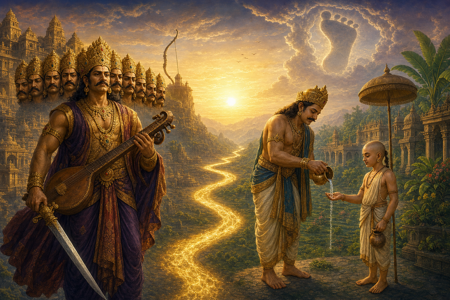 Ravana stands before golden Lanka with a veena and sword, while Mahabali offers ritual water to Vamana beneath a cosmic footprint in the clouds.