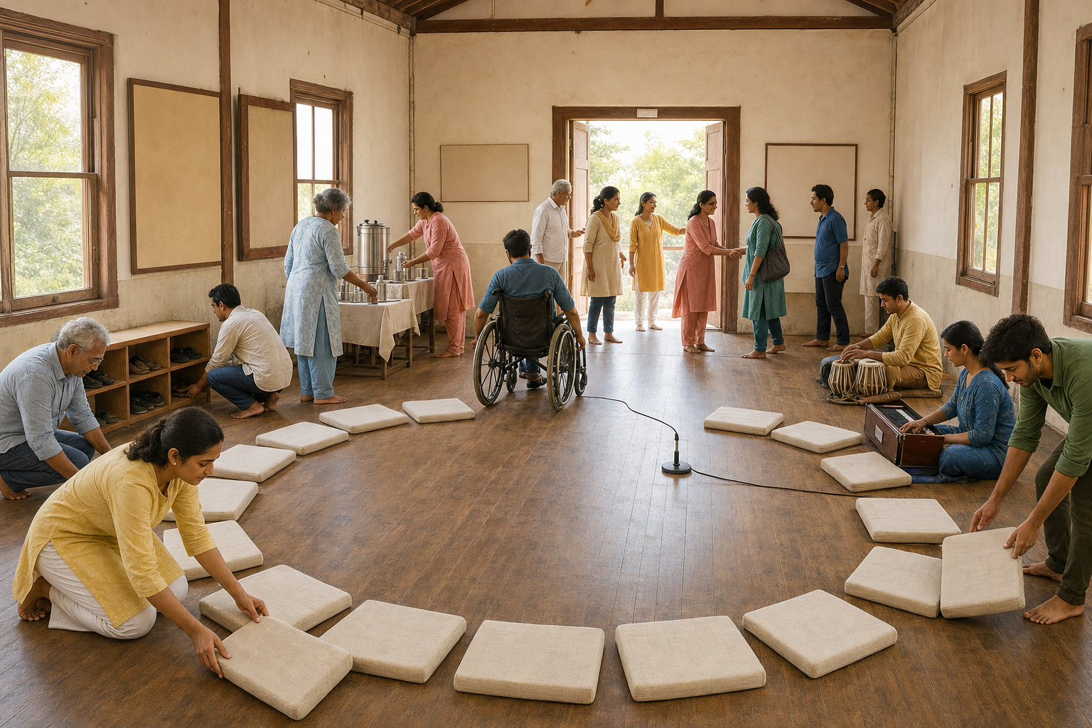 Volunteers arrange equal seating, an accessible microphone, water, and a clear wheelchair path in a community hall.