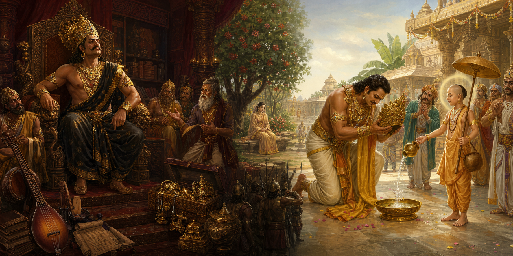 Ravana rejects the warnings of counselors in his throne hall as Sita sits beneath an ashoka tree, while Mahabali bows and pours ritual water before Vamana.