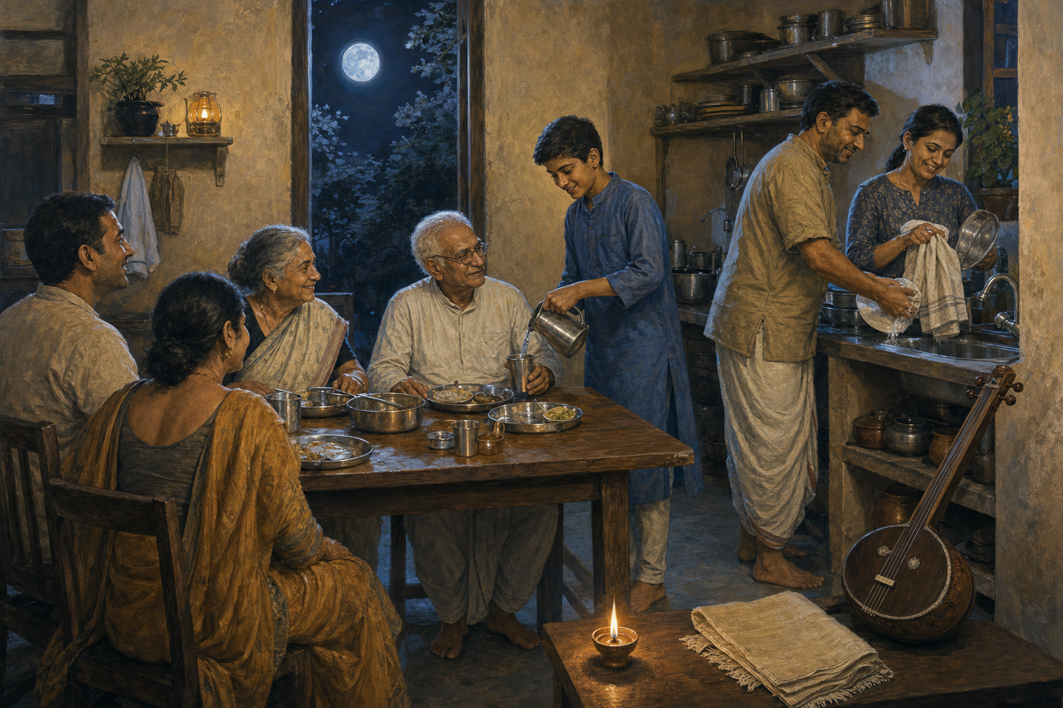 Members of a multigenerational household share a meal and divide serving and cleanup tasks during an evening observance.