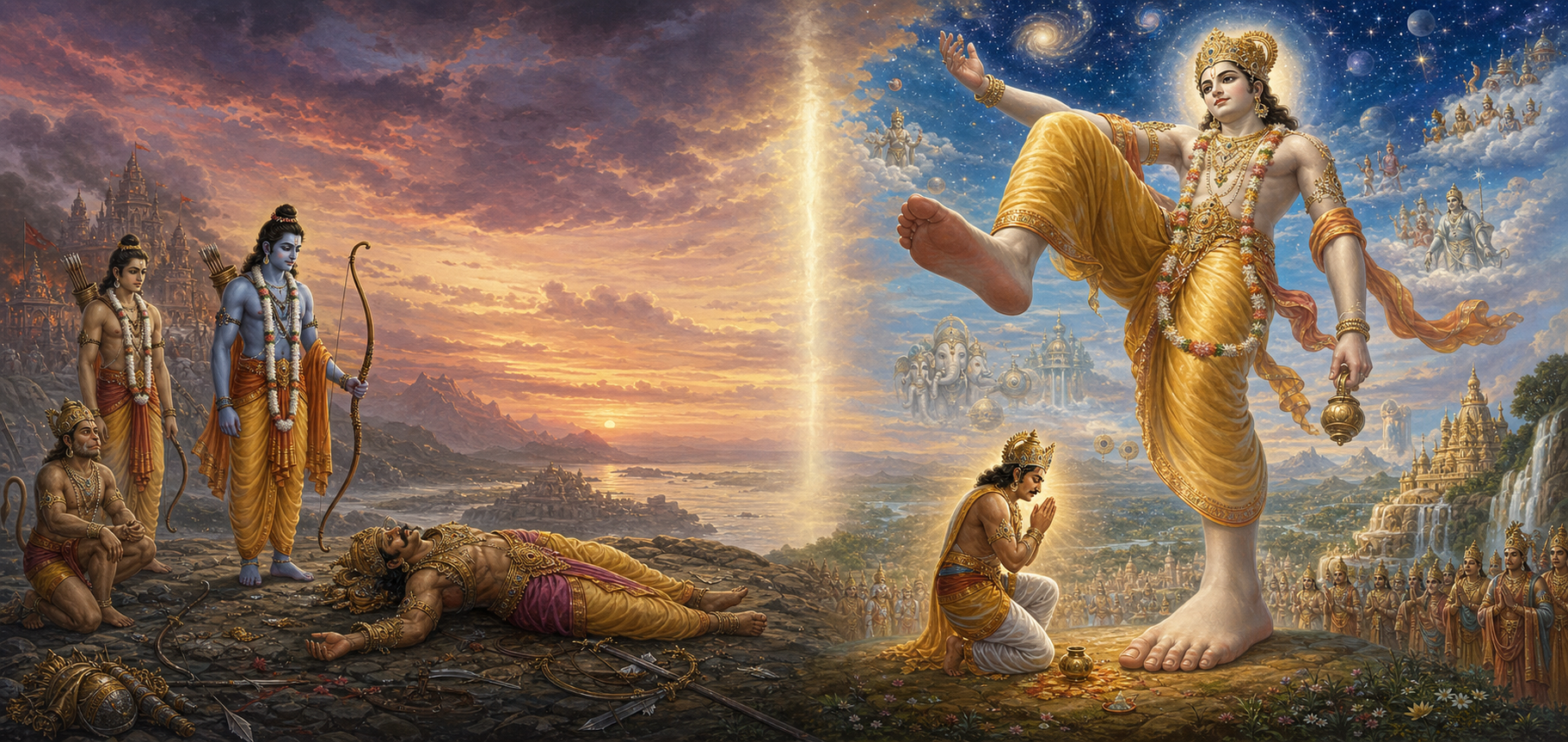 Rama stands solemnly after Ravana's fall, beside a scene of Mahabali kneeling as the cosmic Trivikrama spans earth and heaven.