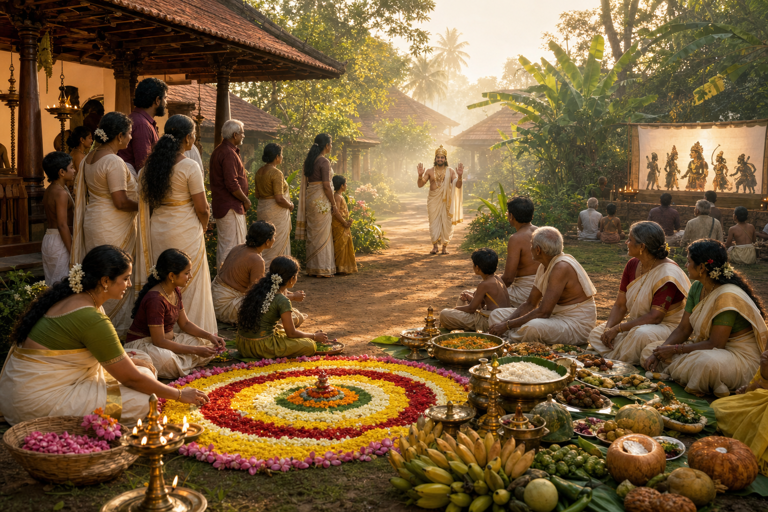 Families in a Kerala courtyard arrange flowers and prepare a feast as a humble crowned Mahabali approaches along a garden path.