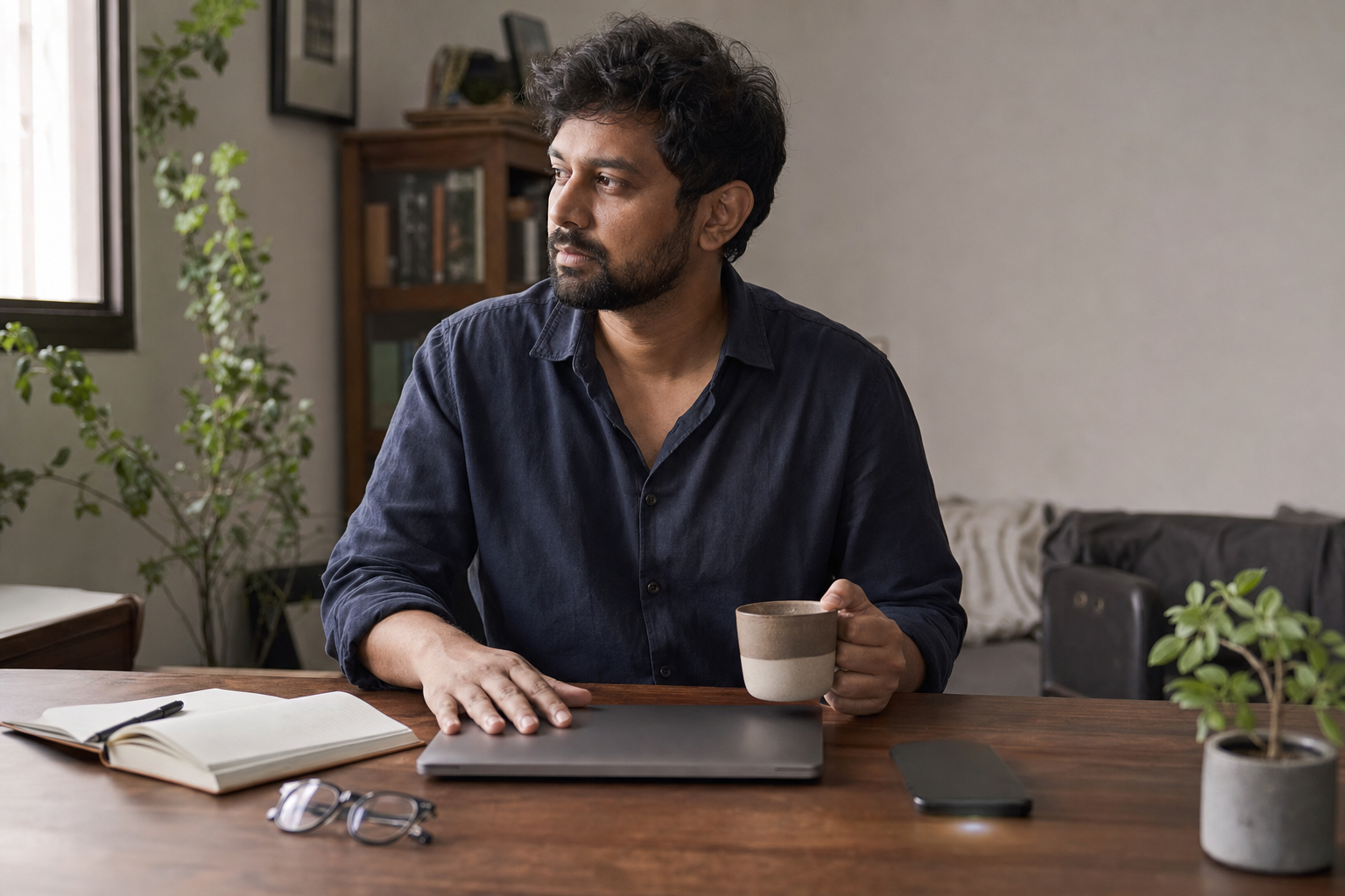 A professional pauses at a home desk with a closed laptop and an untouched cup of tea in soft window light.