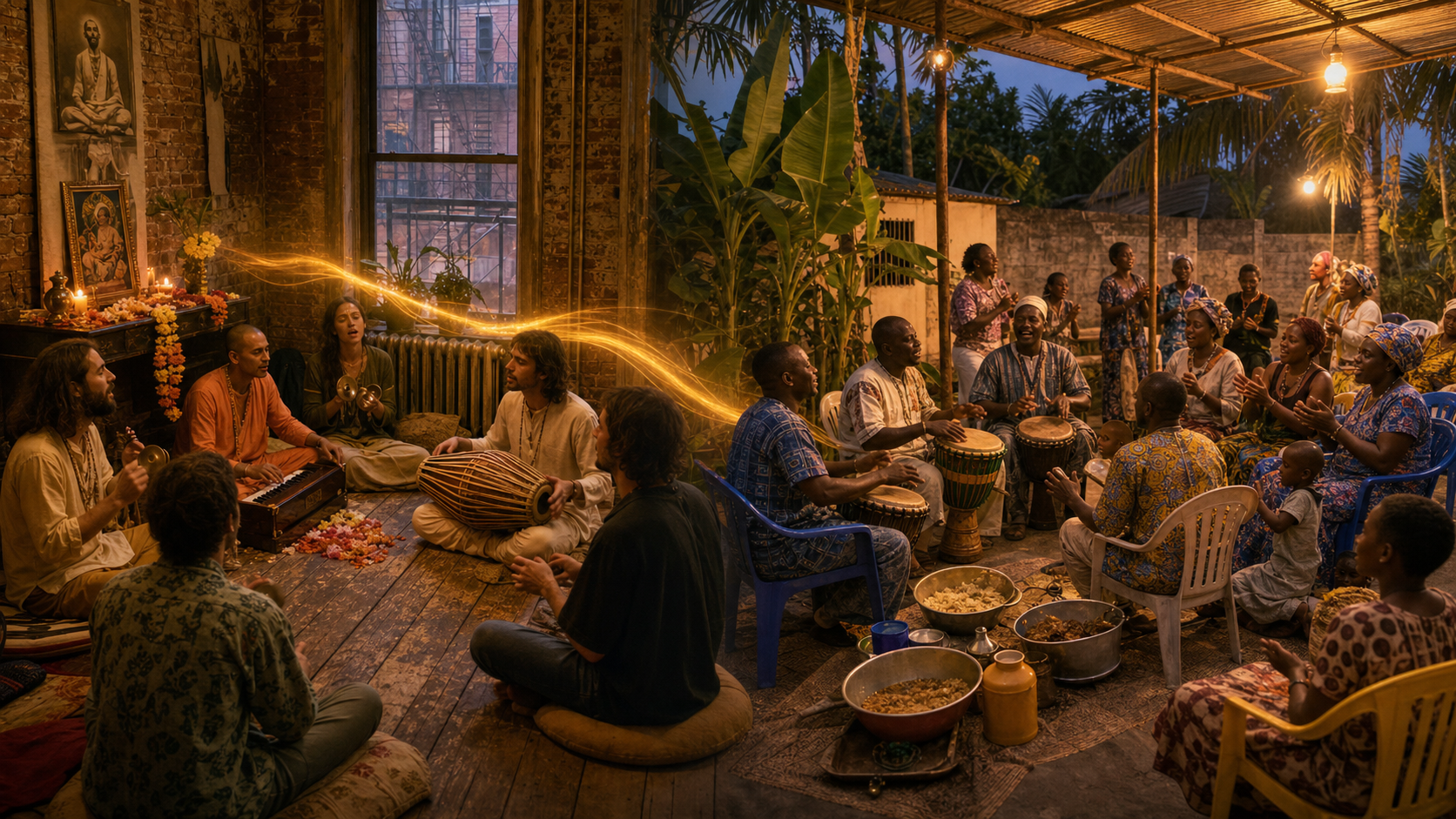 A visual pairing of a small 1960s New York devotional gathering and a present-day Krishna congregation meeting in a courtyard in Lome, Togo.