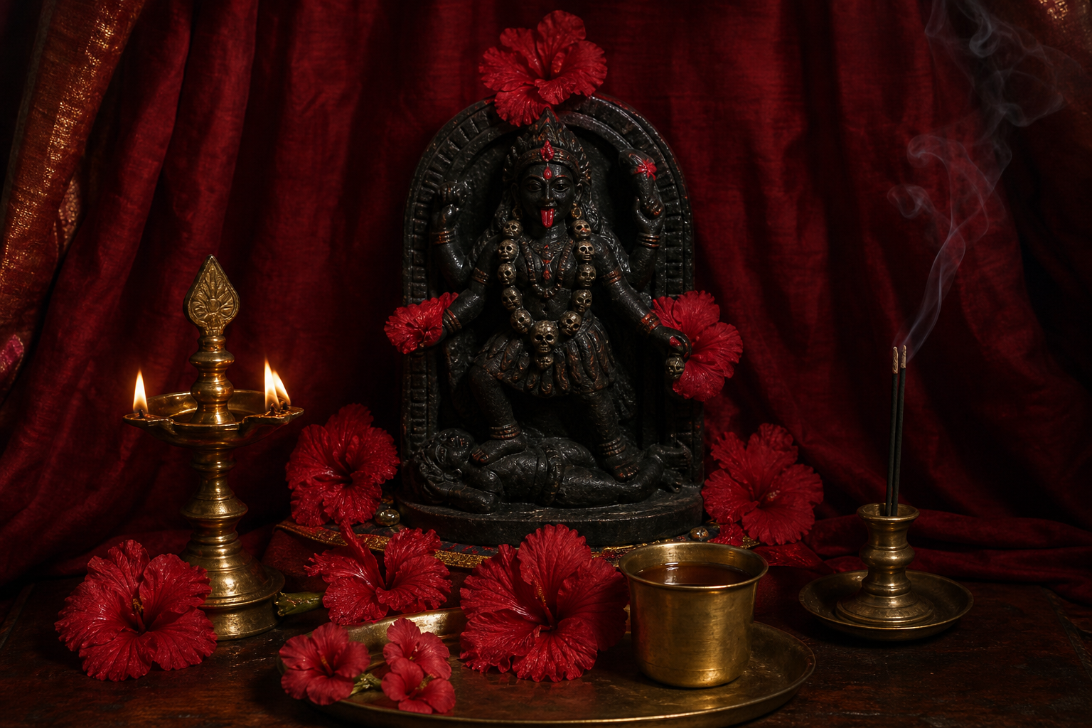 A Kali shrine with red hibiscus flowers, a brass lamp, incense, and a small brass cup containing an amber ritual offering.