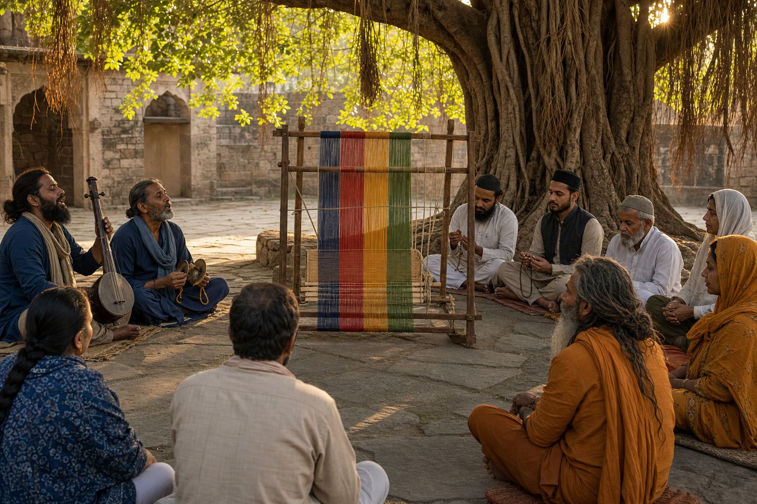 Devotional practitioners sing, pray, and listen beneath a banyan tree around a handloom holding distinct colored threads.