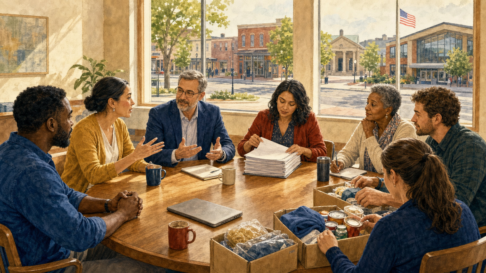 Public officials and residents sit together around a circular table in a sunlit municipal hall while others organize community supplies nearby.