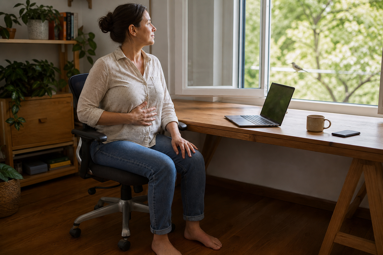 A seated worker relaxes their shoulders, rests a hand on their ribs, grounds both feet, and looks toward an open window.