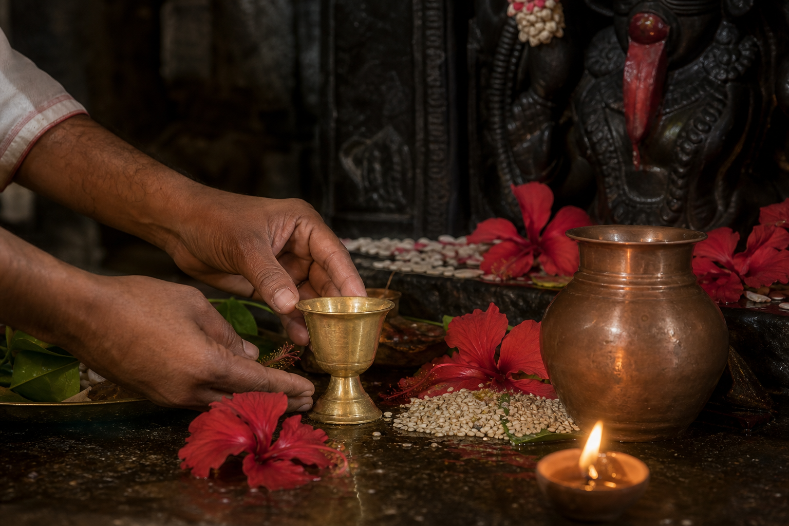 A practitioner's hands place a small brass cup beside flowers, grains, water, and a lamp at a Kali shrine.