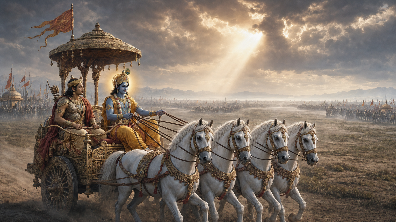 Krishna calmly holds the reins of a four-horse chariot at dawn while Arjuna sits behind him with his bow lowered and distant armies wait across Kurukshetra.