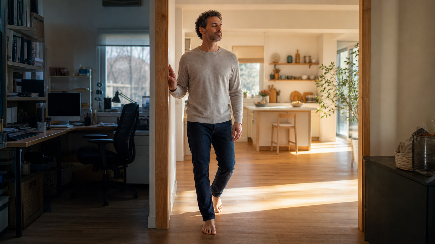 A person pauses with one hand on a doorframe while moving from a cluttered home office into a sunlit kitchen.