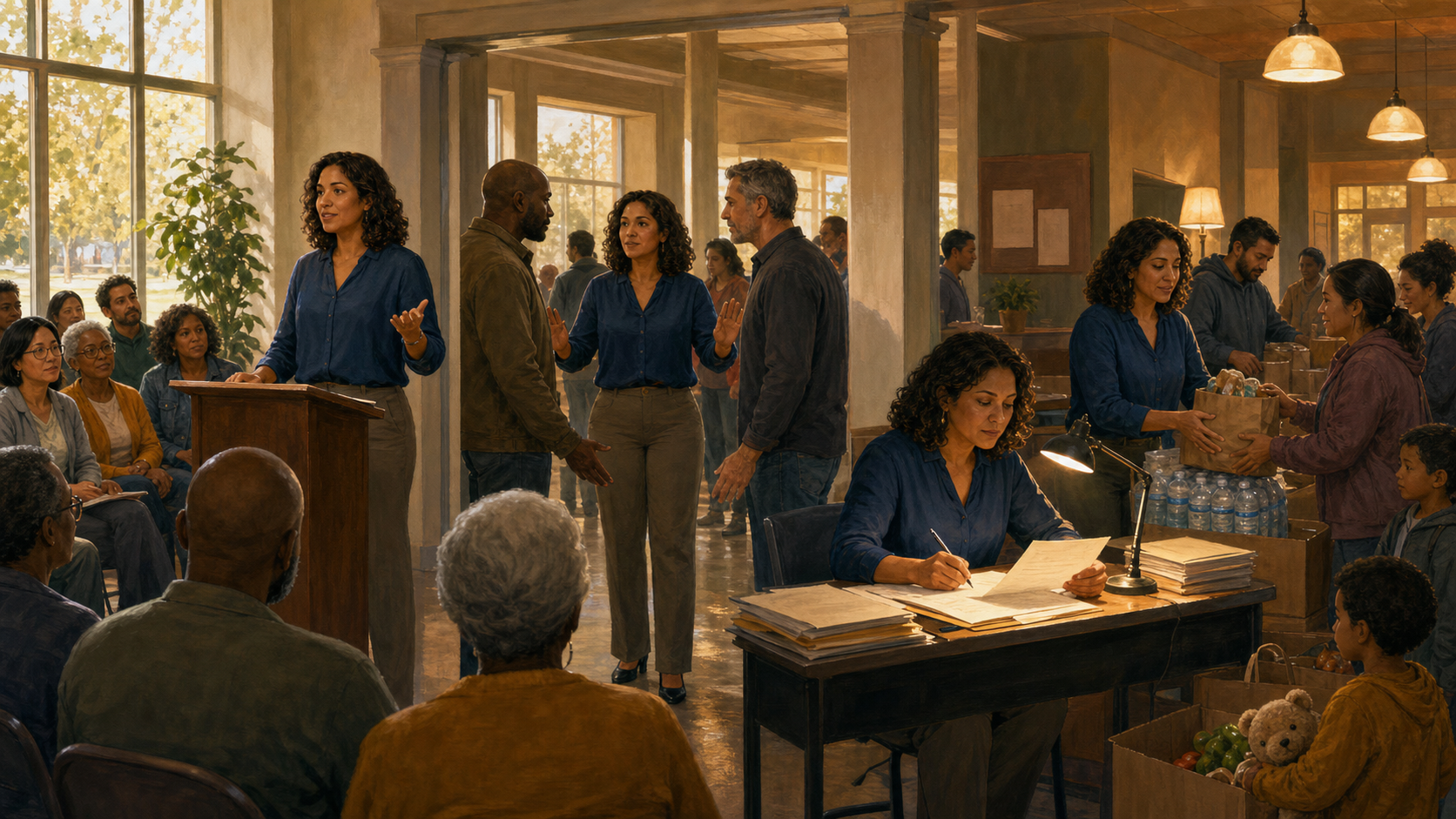Four connected community-center scenes show a civic leader correcting a record, calming a dispute, reviewing documents, and distributing supplies with volunteers.