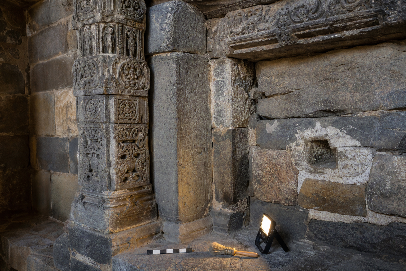 Close view of carved and plain stone elements joined within one architectural bay, showing differing tool marks, joints, weathering, and recut edges.