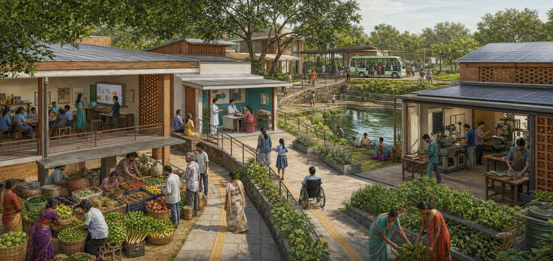 A connected Indian neighborhood campus contains a school, clinic, cooperative workshop, rainwater pond, market, solar roofs, and an electric shuttle used by residents.