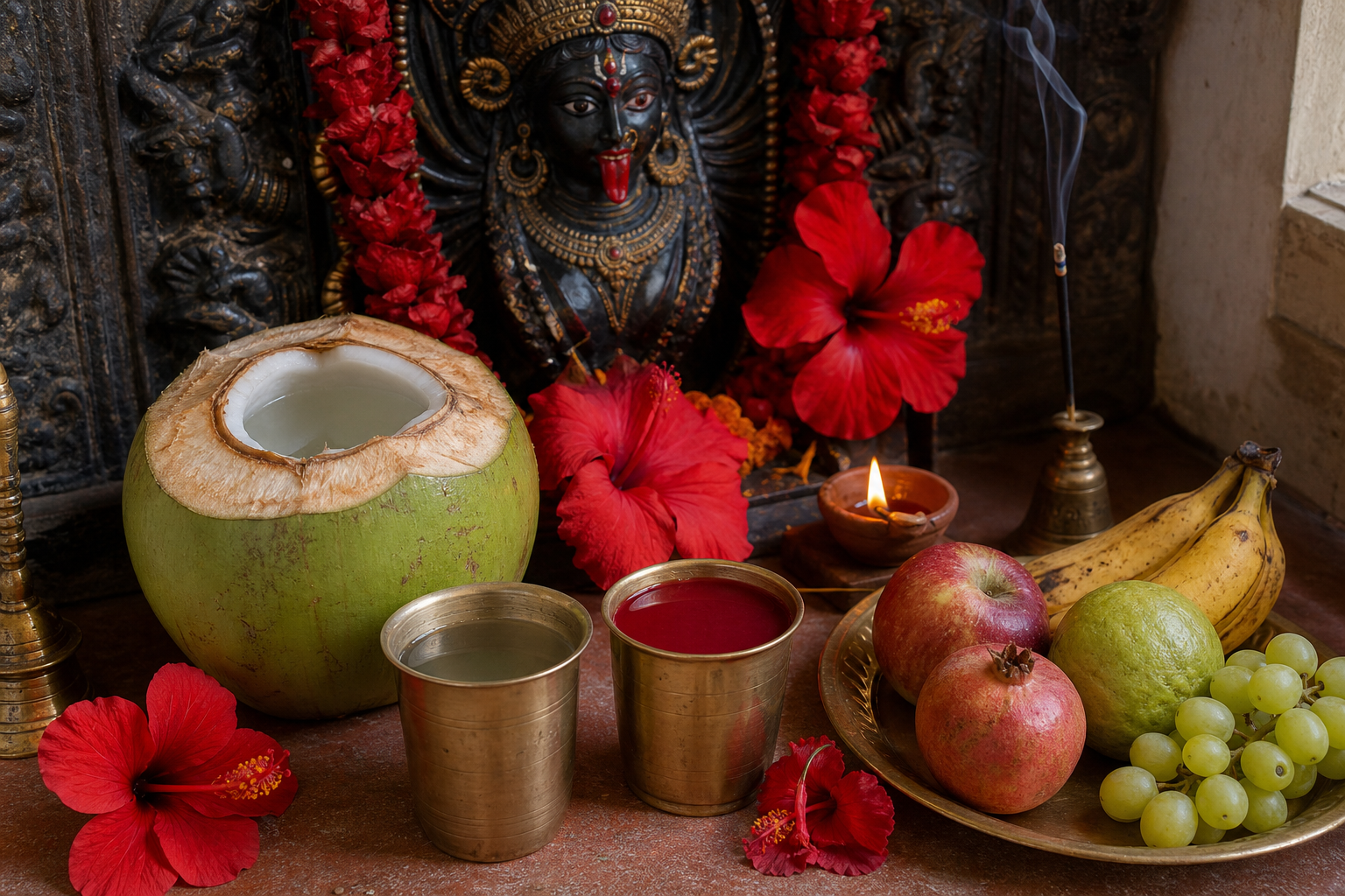 Coconut water, fruit juice, fresh fruit, hibiscus flowers, incense, and a clay lamp arranged at a Kali shrine.