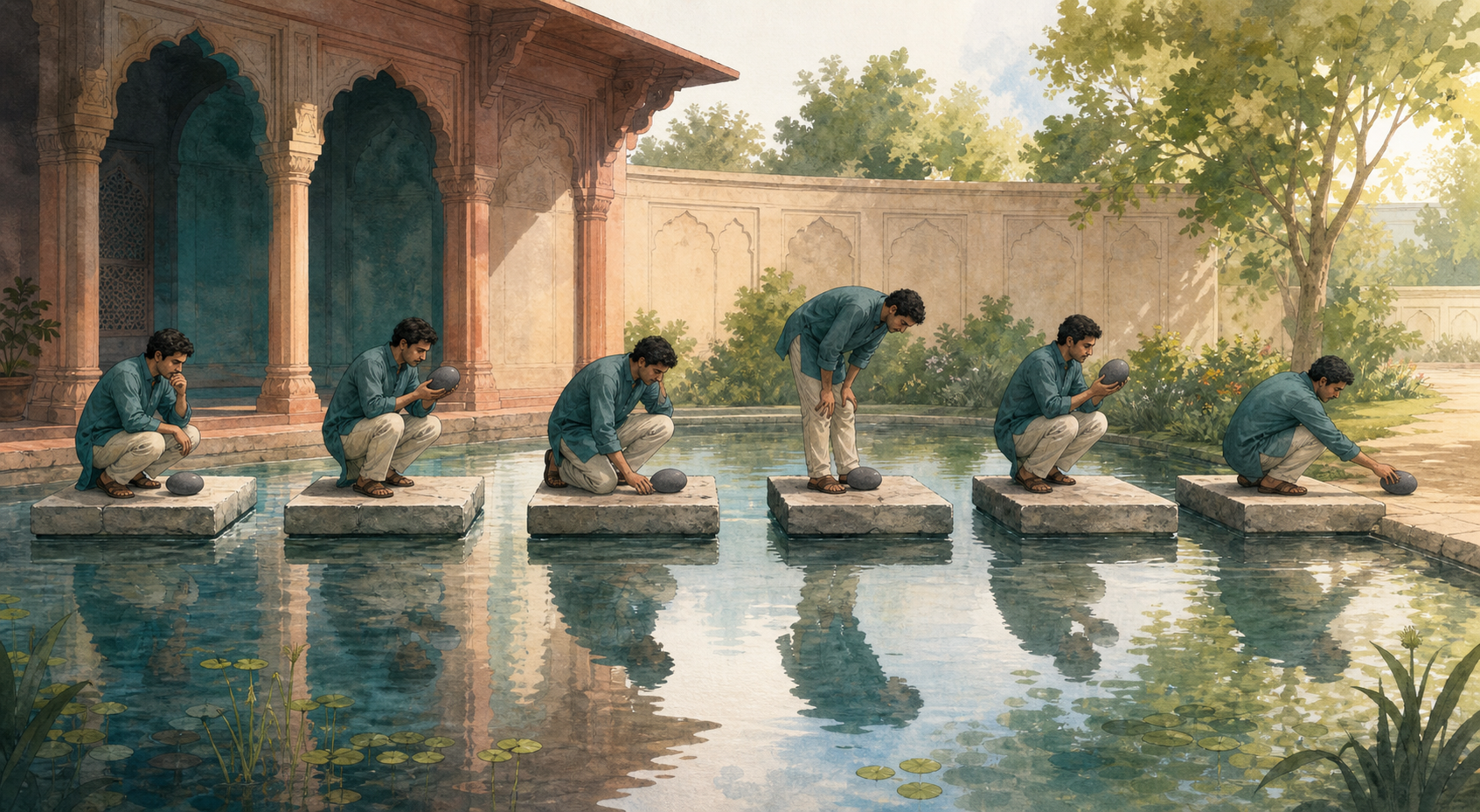 A person crosses six stone platforms over a reflective pool, examining an object as the path moves from shadow into morning light.