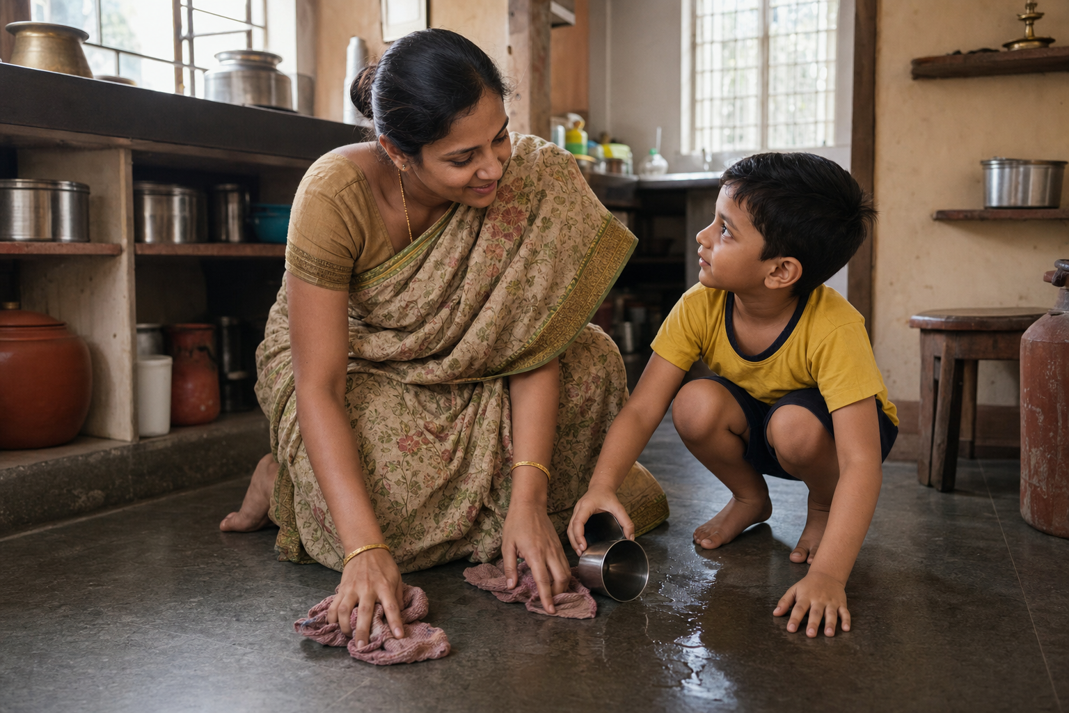 An adult calmly helps a child clean up spilled water in a warm family kitchen.