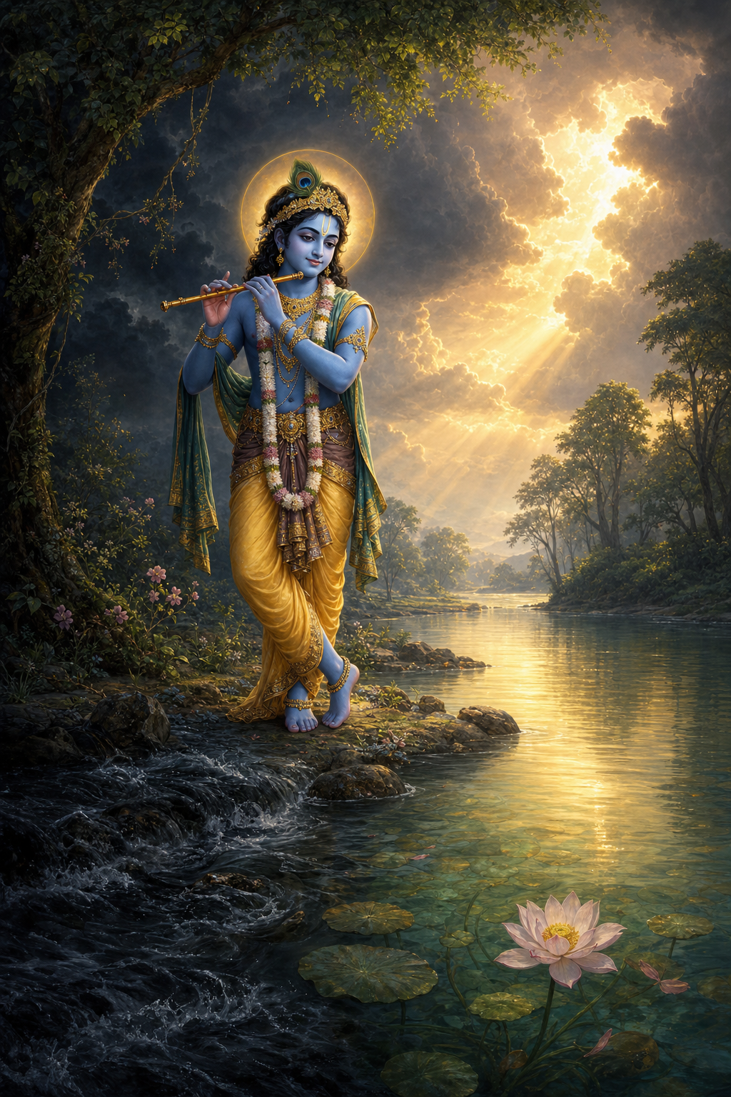 Krishna stands beside water that changes from dark turbulence to a clear, still pool revealing a lotus as sunlight breaks through storm clouds.