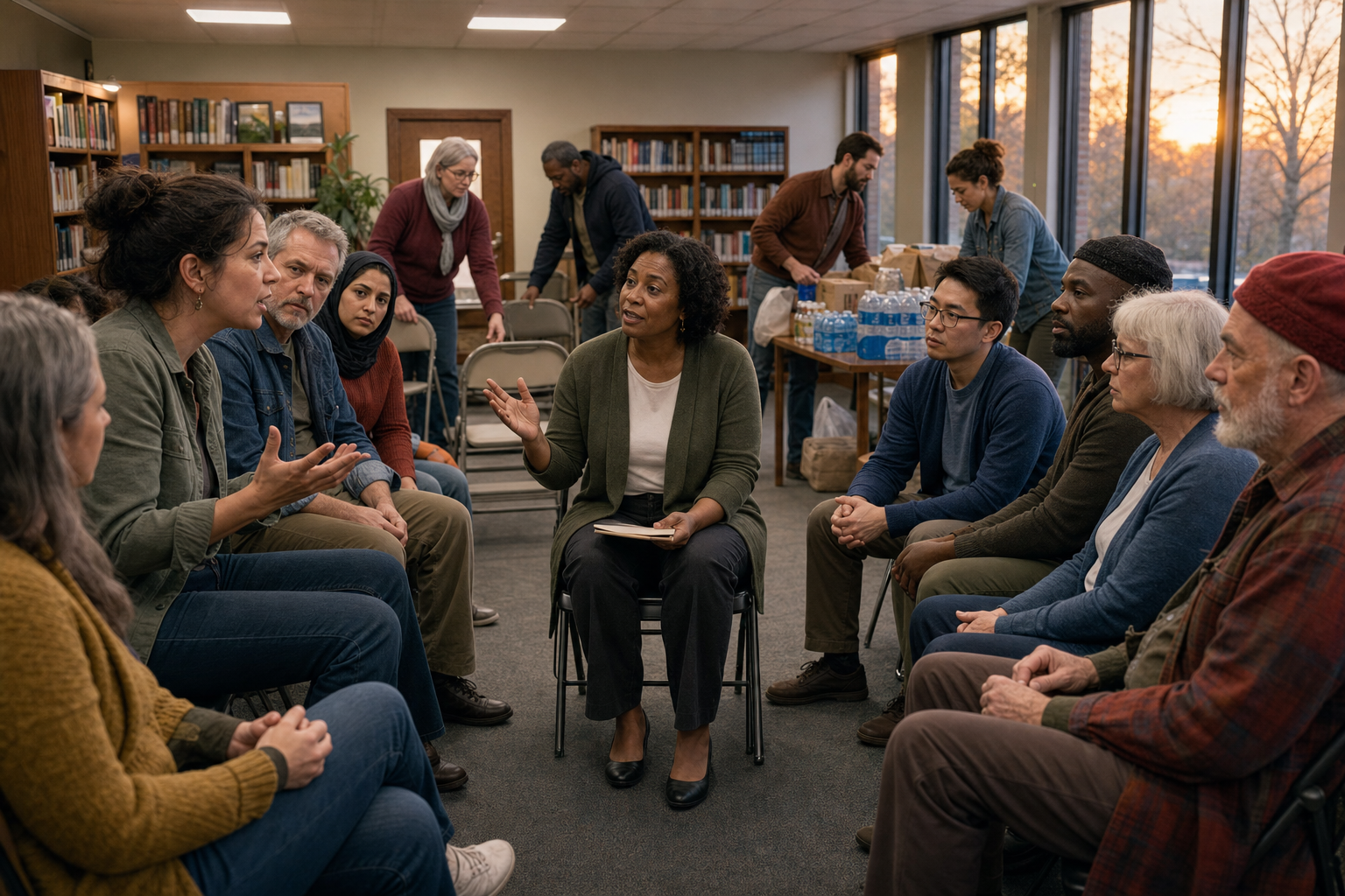 Residents from opposing sides of a library forum listen across an aisle while other participants arrange chairs and community supplies together.