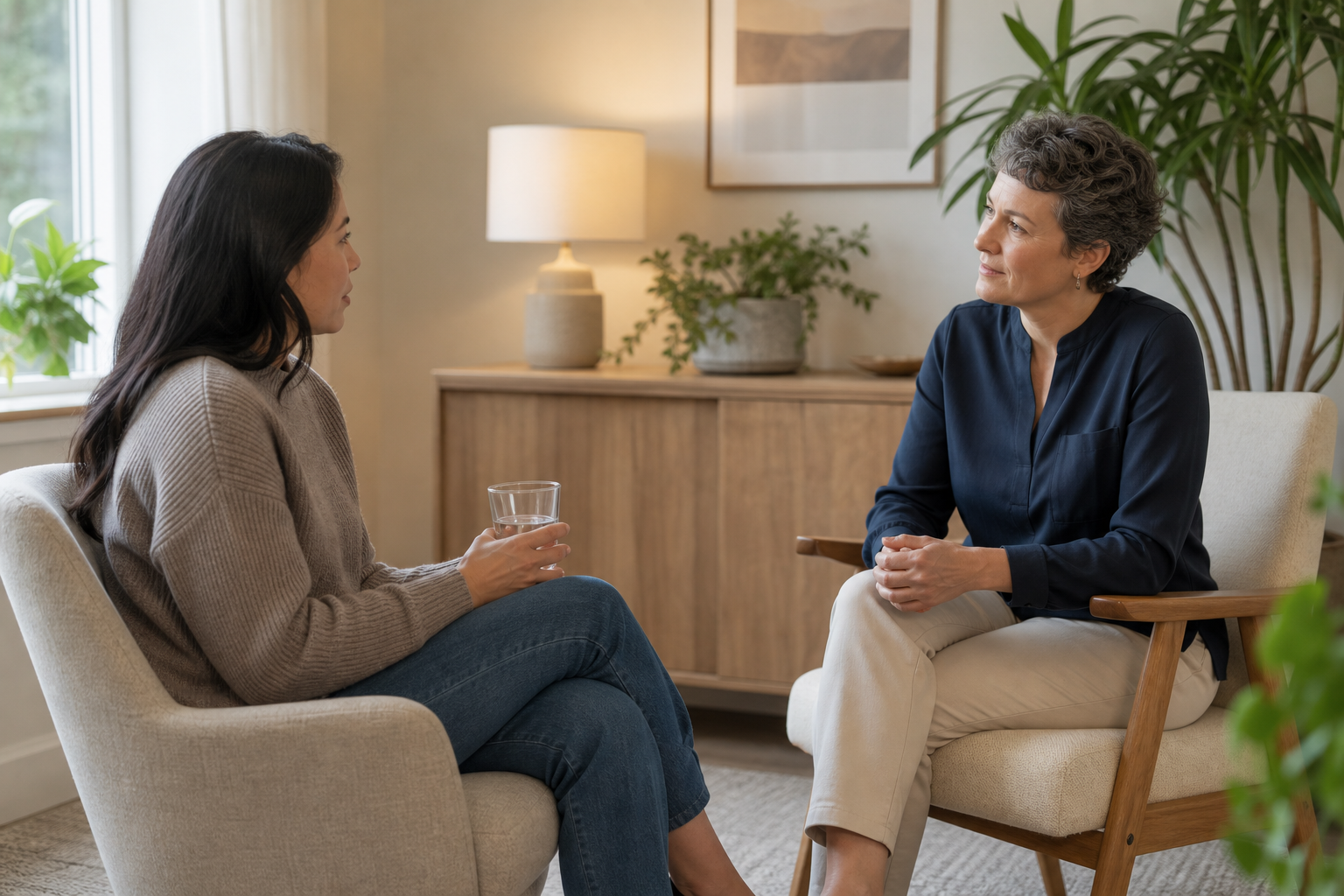 An adult speaks with a mental health professional in a quiet consultation room with soft daylight.