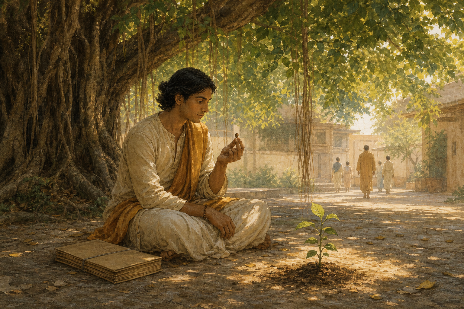 A student reflects beneath a banyan tree while holding a seed, with a closed manuscript bundle and a young sprout beside them.