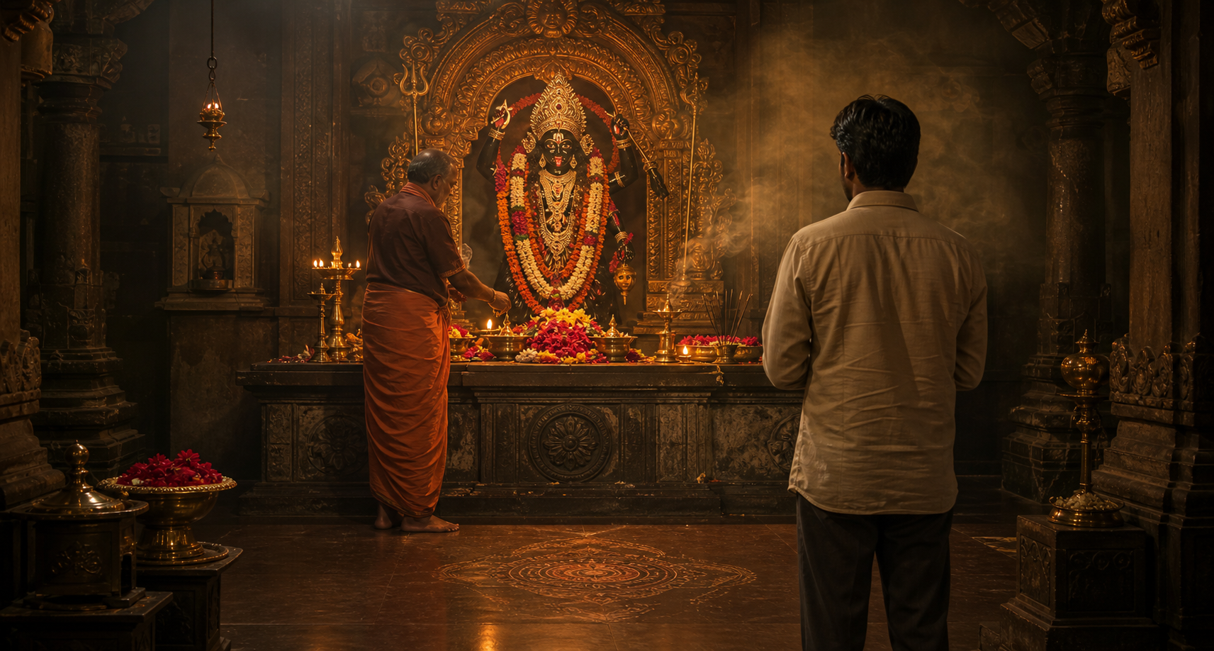 A visitor stands at a respectful distance while a temple attendant tends a Kali altar with flowers, lamps, incense, and a ritual cup.