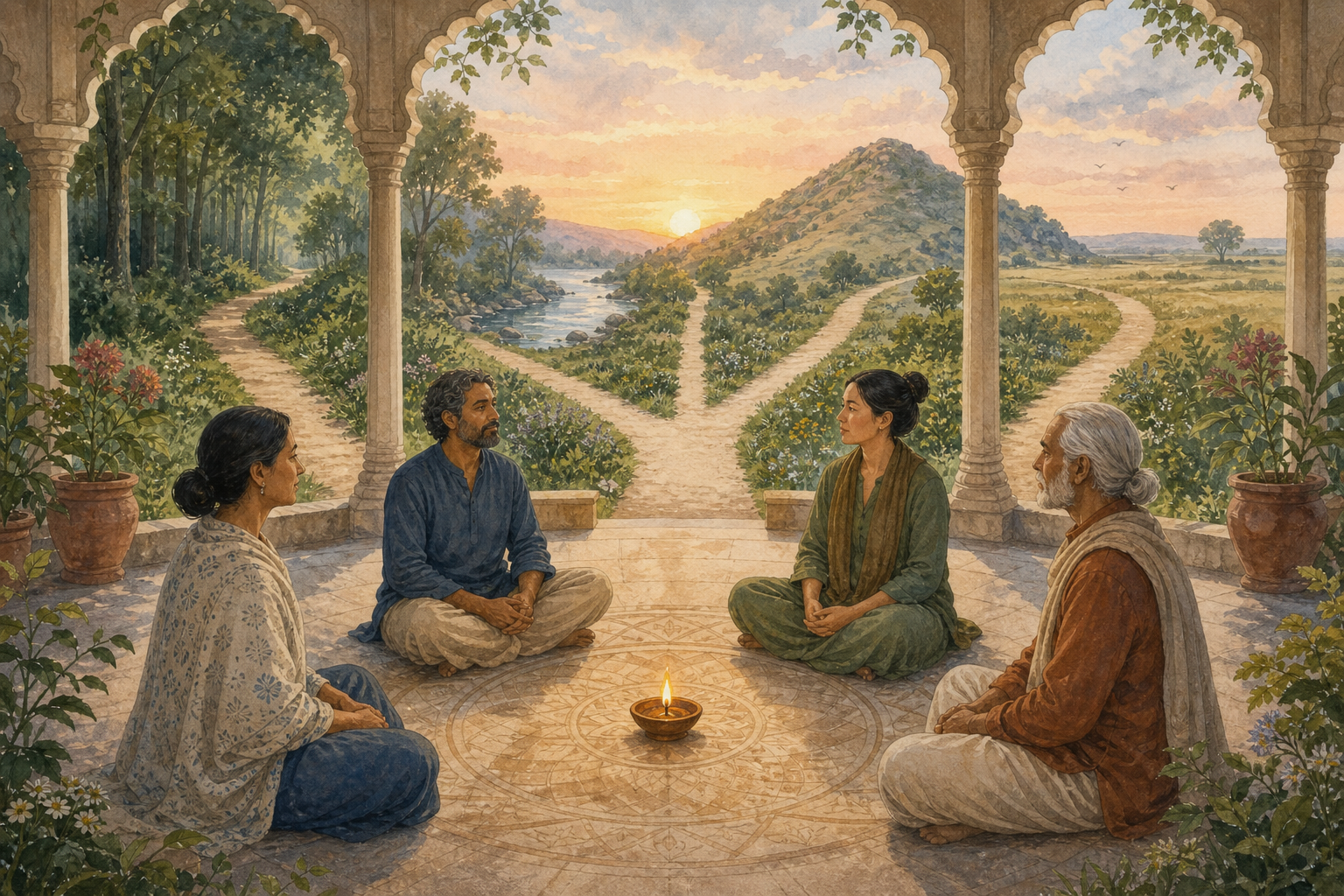 Four practitioners sit around one oil lamp in an open pavilion while separate paths behind them lead toward a forest, river, hill, and plain.