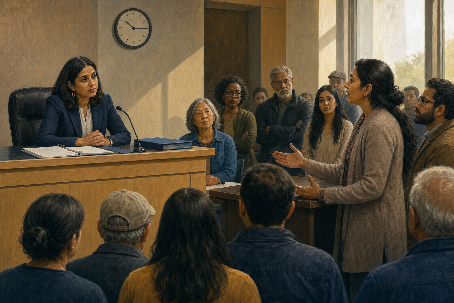 A South Asian American city council member listens from a civic dais as diverse constituents provide testimony and review public documents.