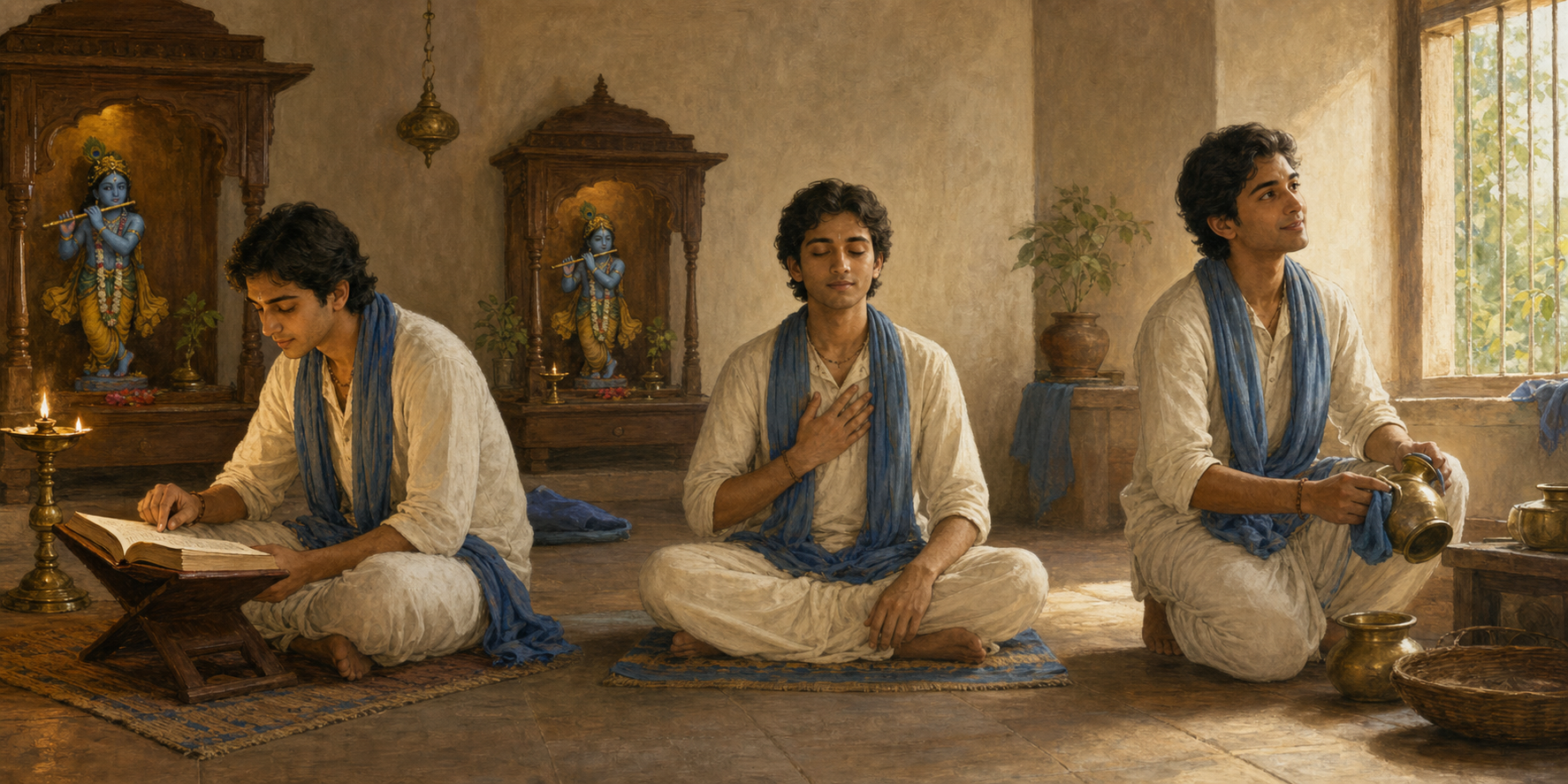 Three connected moments show a devotee reading a sacred passage, sitting in meditation, and pausing later in the day before a small image of Krishna.