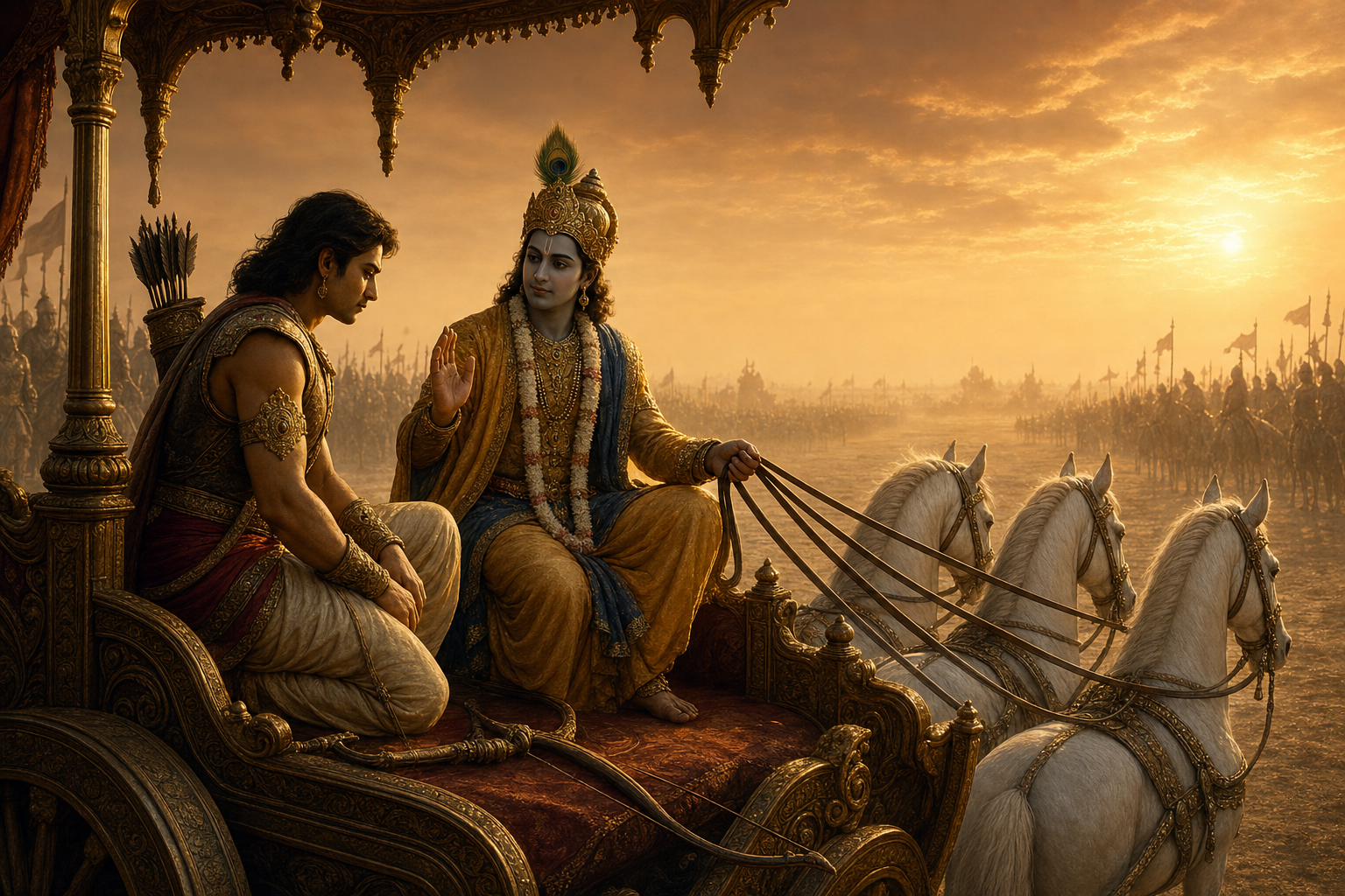 Arjuna kneels beside his lowered bow in a motionless chariot while Krishna holds the horses' reins and teaches him before the distant armies of Kurukshetra.
