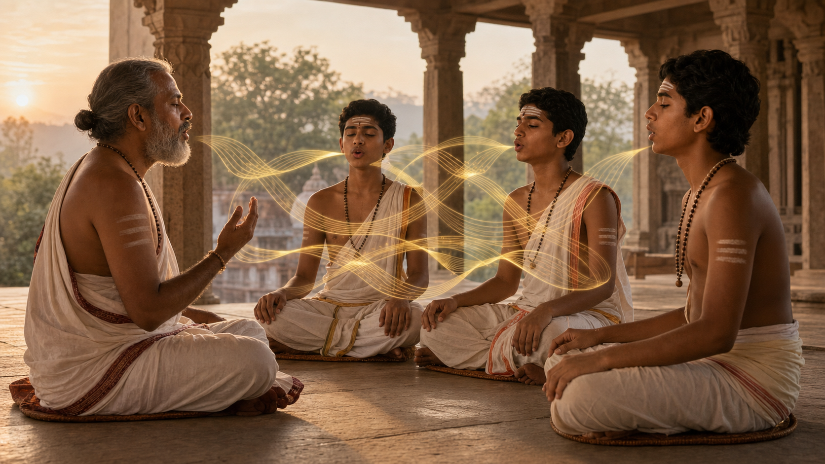 A Vedic teacher and three students recite together in an open teaching hall as stylized golden sound ribbons weave forward and backward between them.