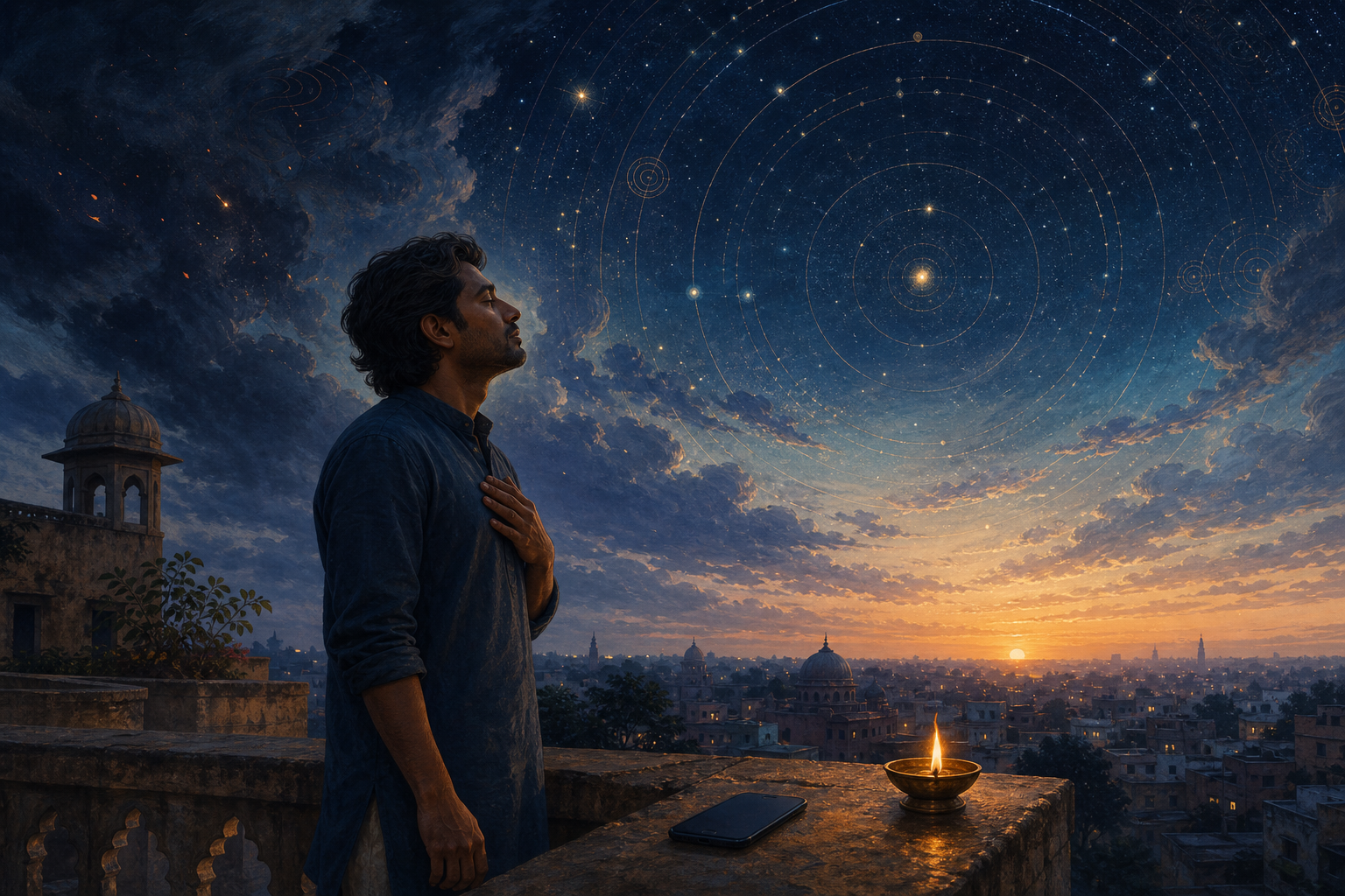 A person stands beside a face-down phone and a small oil lamp beneath a night sky whose storm clouds open into orderly rings of stars.