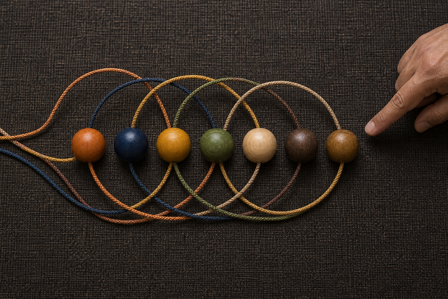 Colored wooden beads lie in sequence while braided cords loop forward and backward across them to represent repeated verification in recitation.