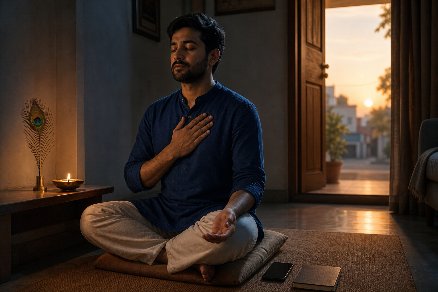 A person pauses in meditation beside a small oil lamp and peacock feather at dawn, with a phone and closed notebook resting nearby.