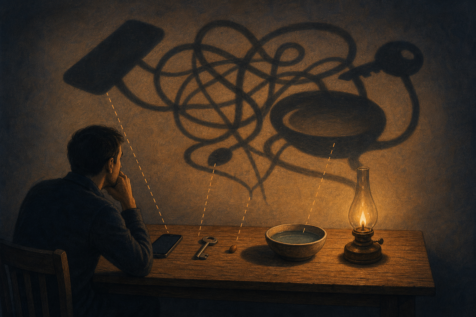 A seated person examines ordinary objects whose overlapping forms cast a large tangled shadow in lamplight.