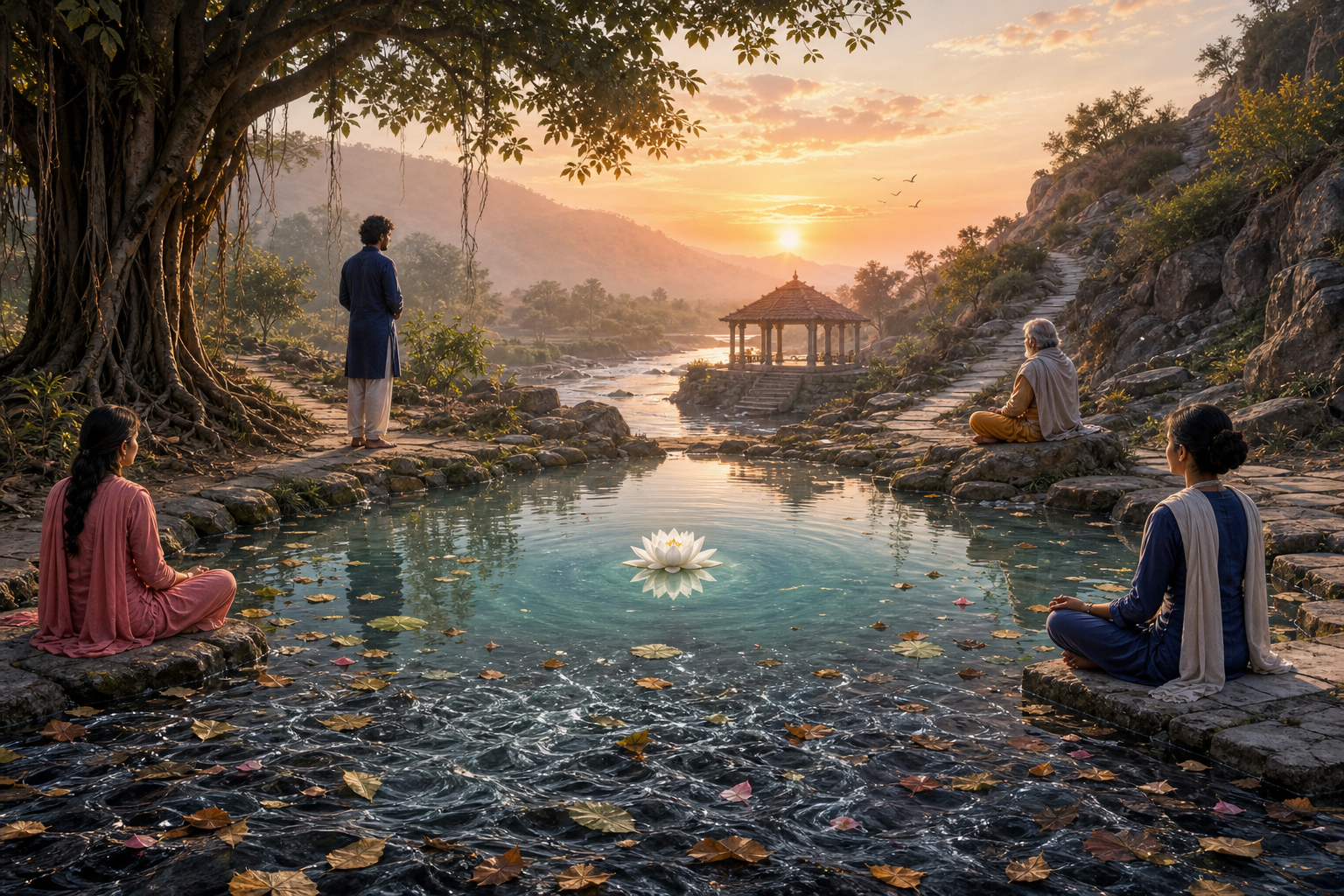 Four people in varied South Asian clothing contemplate a lotus pond where several landscape paths converge and rippled water becomes still at sunrise.