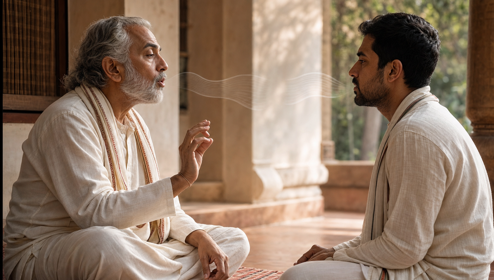 A chanting teacher demonstrates pronunciation and timing to a seated learner while subtle sound bands vary in height, length, and spacing between them.