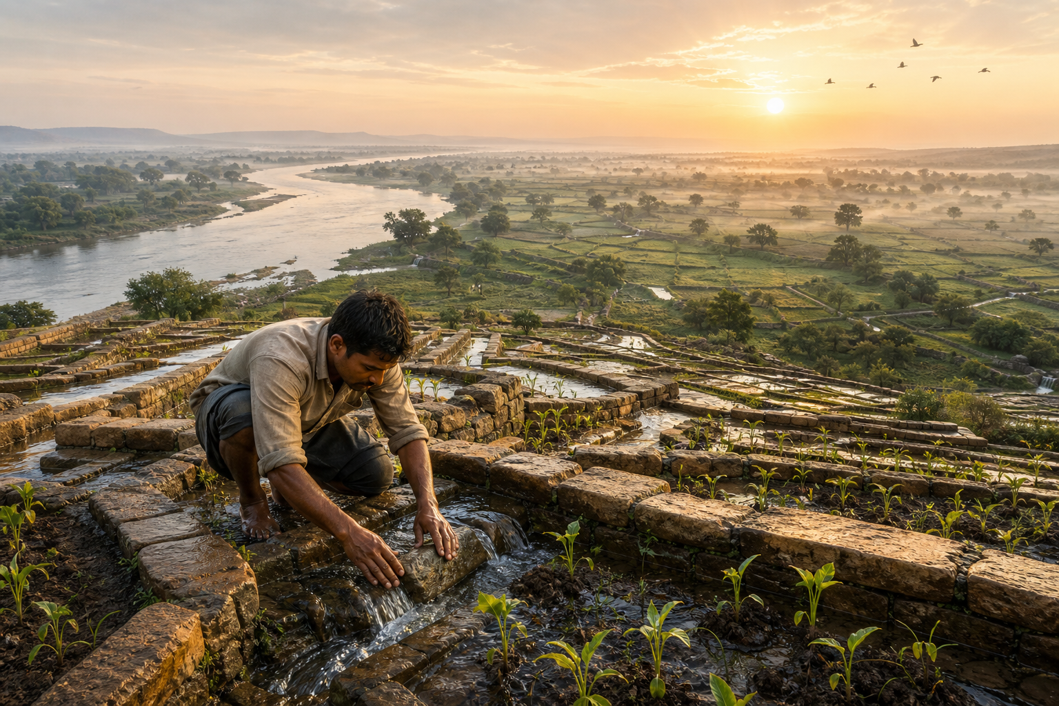 At sunrise, a person repairs a small irrigation channel feeding seedlings beside a broad river and distant fields.