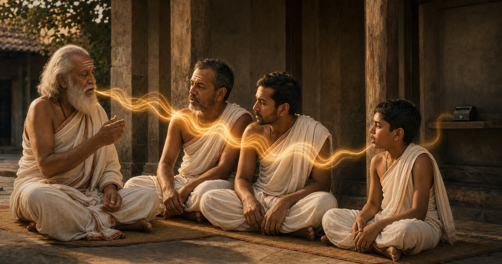 Four generations of Vedic reciters pass a chant from teacher to learner while an audio recorder sits unused on a shelf in the background.