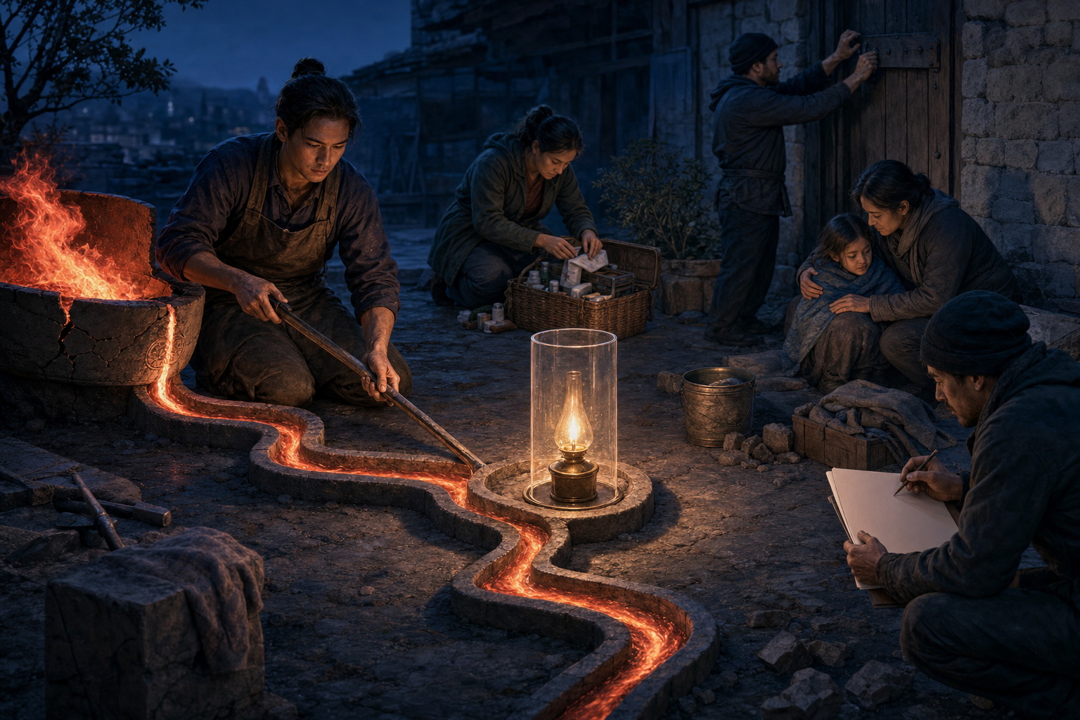 A person channels fire from a cracked brazier through stone grooves into a protected lamp as others provide aid, secure a doorway, and comfort a child.