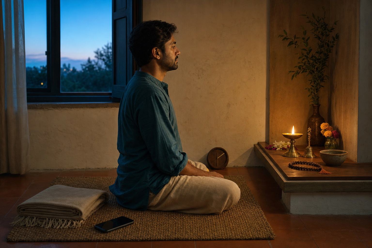 A person sits on a woven mat at dawn beside a small home altar with a lamp, water bowl, flowers, and prayer beads.