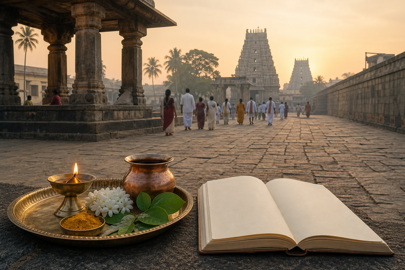 Brass puja items and an unmarked almanac in front of pilgrims approaching a South Indian temple complex at dawn.