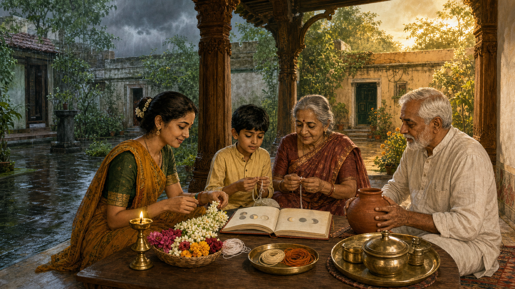 Three generations of a Gujarati family organize flowers, threads, a lamp and covered vessels on a veranda as monsoon clouds begin to clear.