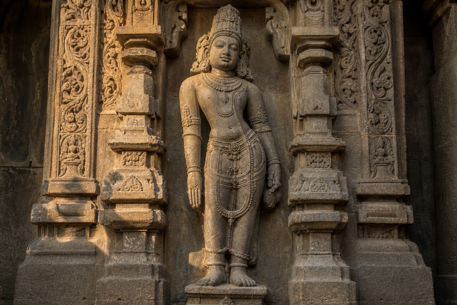 Weathered stone temple figure standing in a carved niche with one empty hand held straight down beside the thigh.