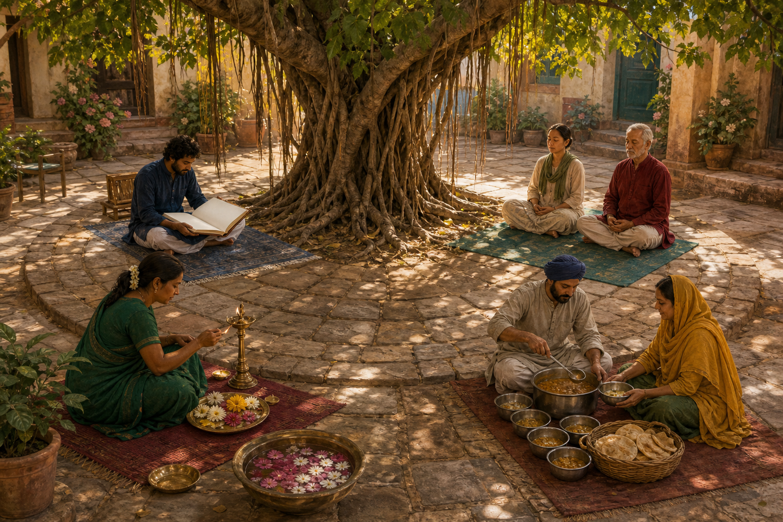 People study, meditate, tend a lamp, and prepare food in separate spaces connected by a circular path beneath a banyan tree.