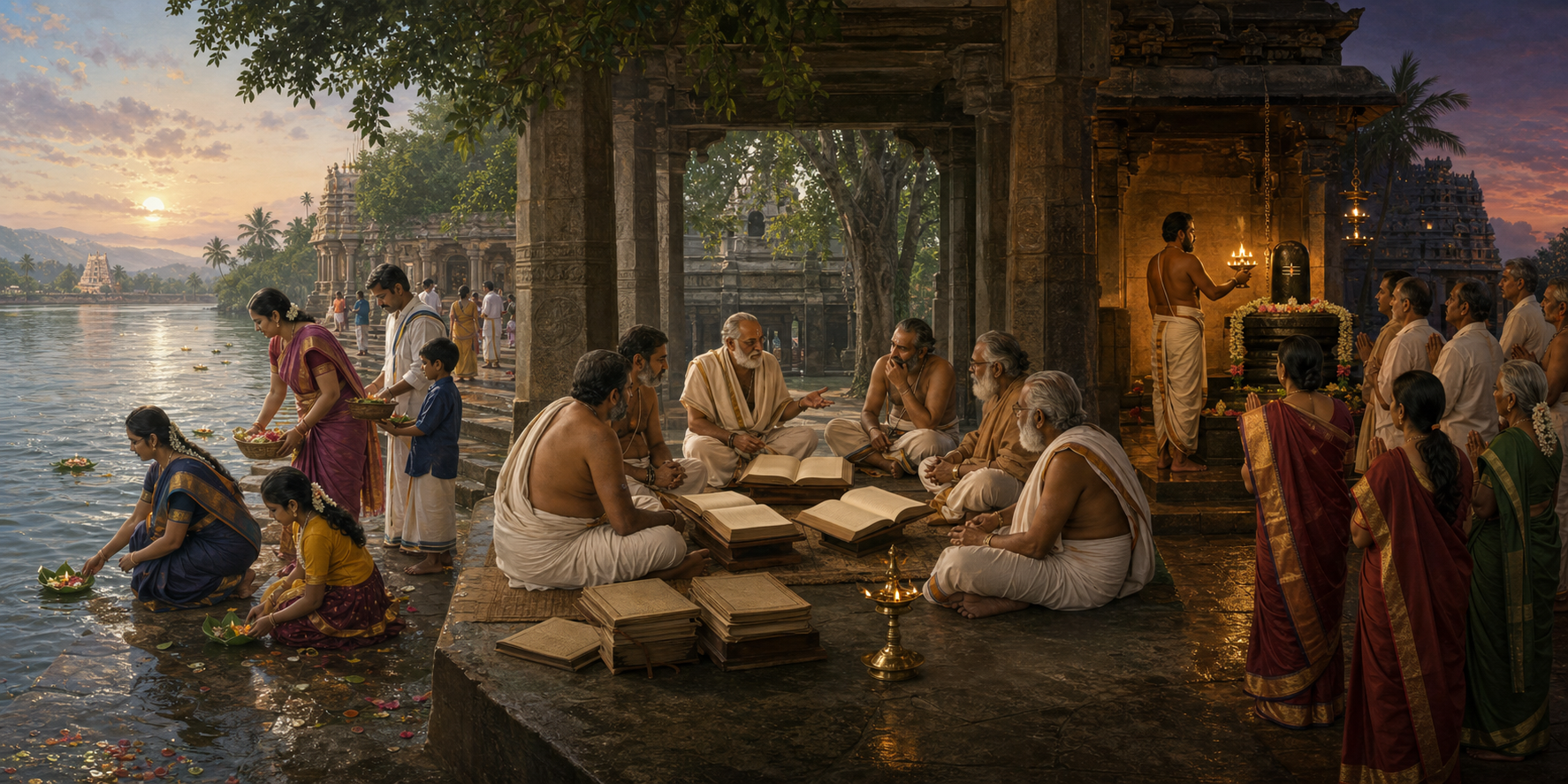 River worshippers, seated scholars, and devotees attending an evening Shiva puja in three connected South Indian settings.